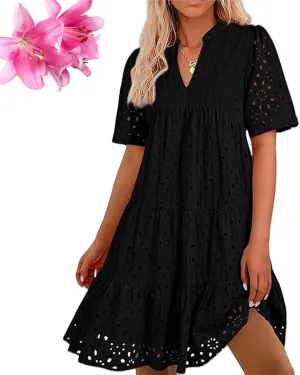 The Beauty North Eyelet Dress, Ruffle Floral Eyelets Dresses for Women, Elegant Hollow Out Lace Ruffle Casual Mini Dress