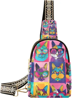 Trendy Cool Funky Cat Portrait sling bag men fashion leather fanny pack crossbody for travel