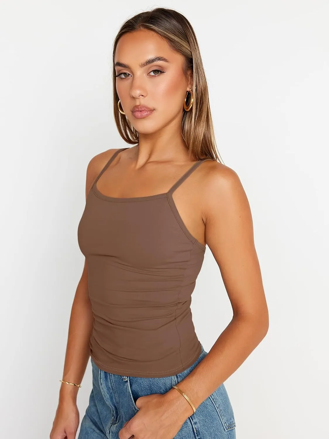 Trendy Queen Womens Adjustable Camisole Sleeveless Square Neck Spaghetti Strap Tank Tops Basic Shirt
