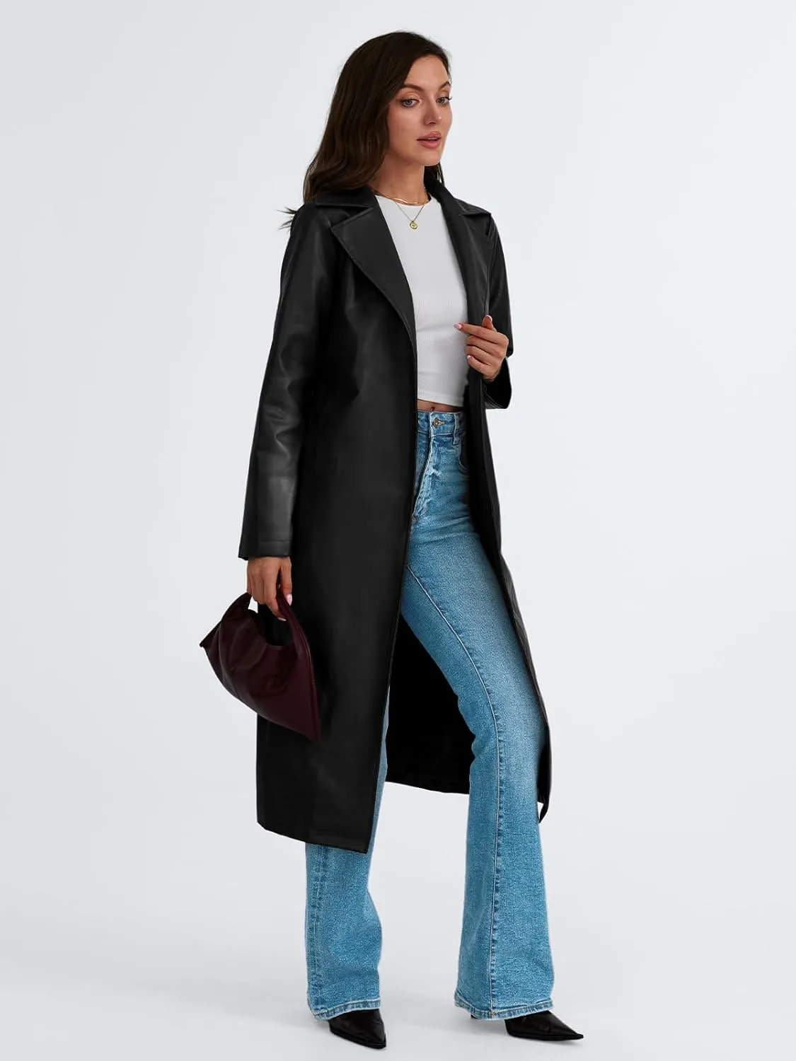 Trendy Queen Womens Long Leather Jackets Trench Coat Blazer Lapel Faux Open Front with Belt