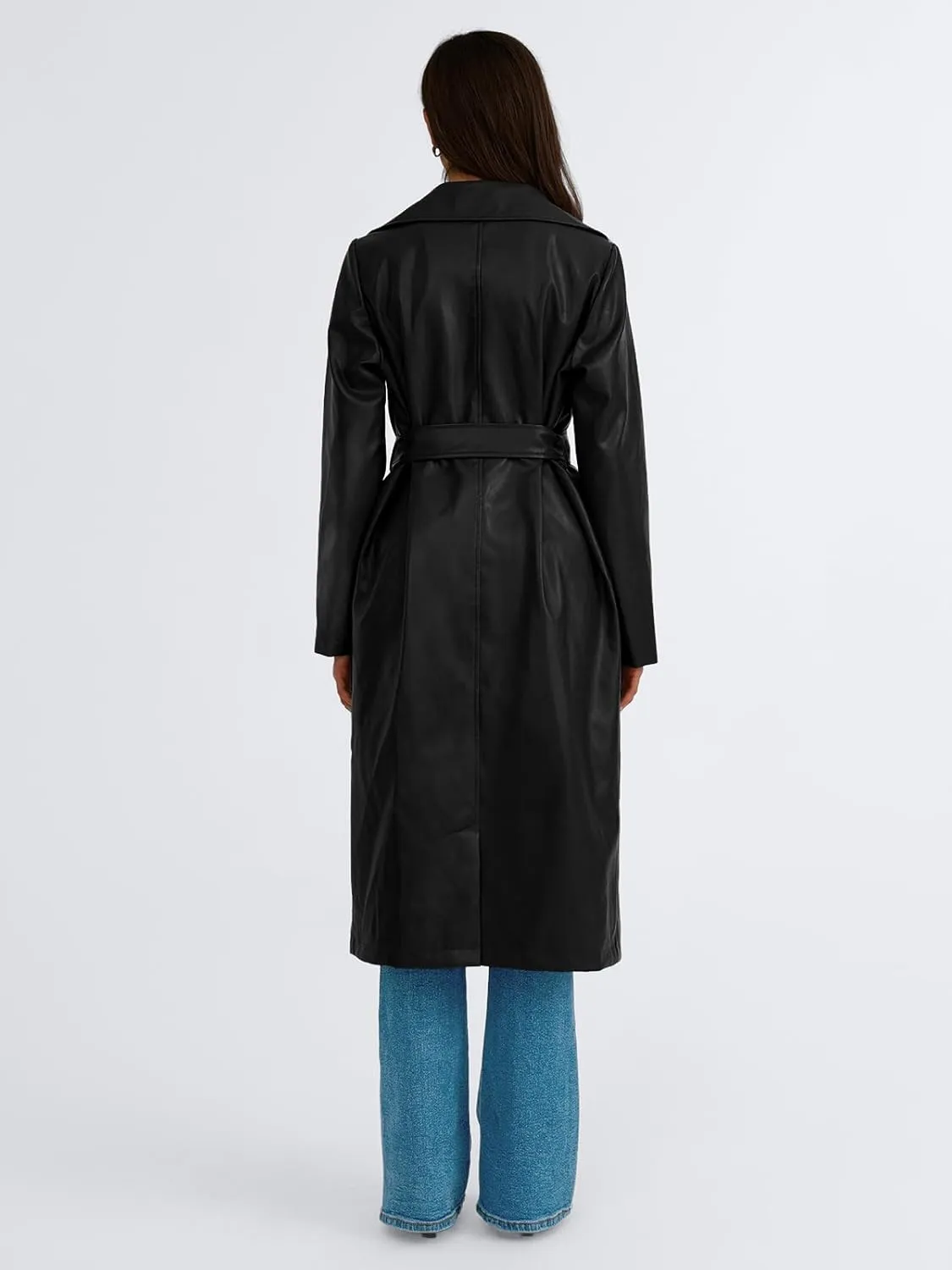 Trendy Queen Womens Long Leather Jackets Trench Coat Blazer Lapel Faux Open Front with Belt