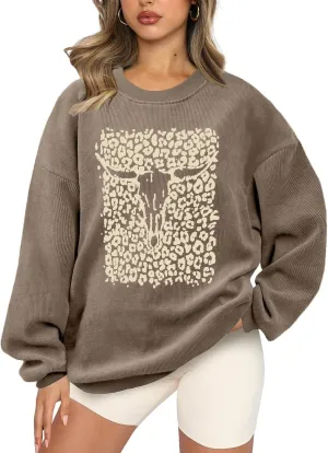 UNIQUEONE Boho Cow Skull Sweatshirt Women: Oversized Vintage Western Rodeo Graphic Tee Country Concert Outfits Pullover Tops
