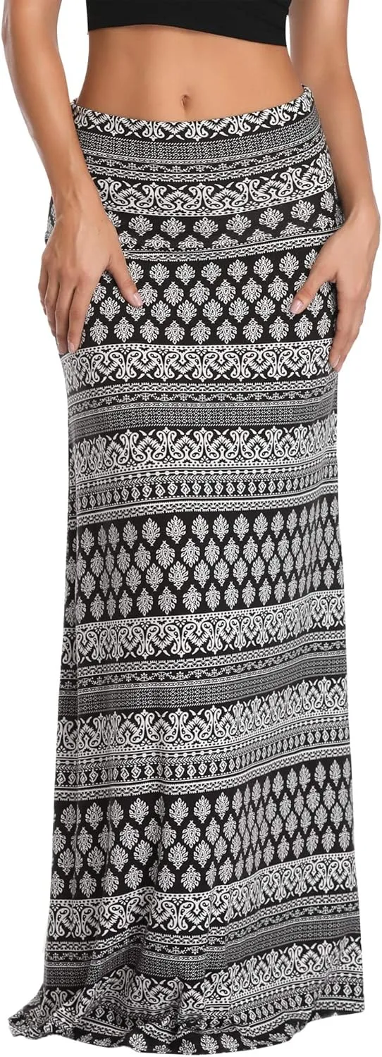 Urban CoCo Women's Stylish Spandex Comfy Fold-Over Flare Long Maxi Skirt