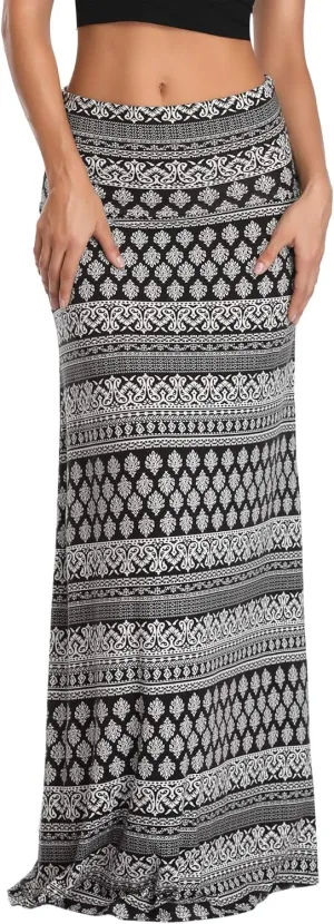 Urban CoCo Women's Stylish Spandex Comfy Fold-Over Flare Long Maxi Skirt