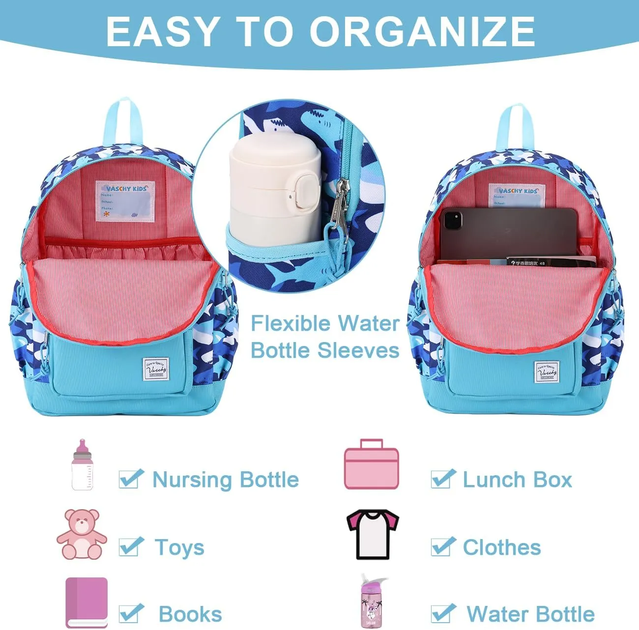 VASCHY Kids backpacks, Cute Lightweight Water Resistant Preschool Backpack for Boys and Girls Chest Strap