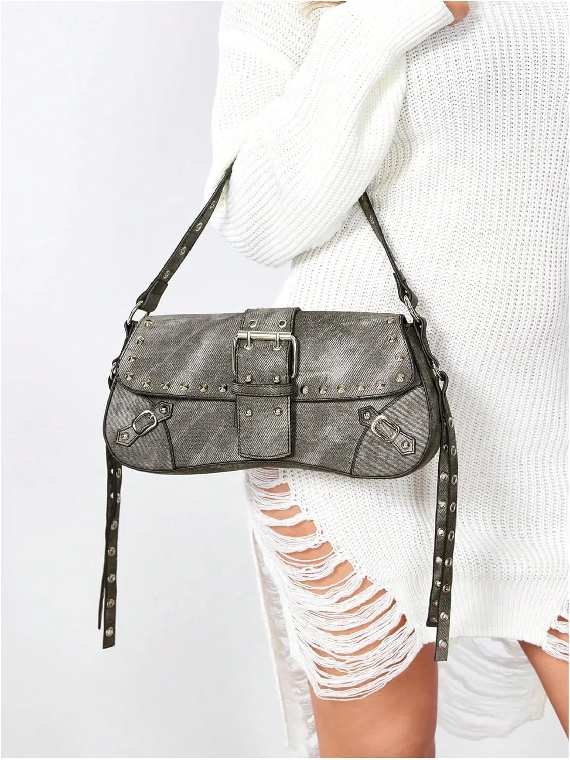 Verdusa Women's Shoulder Bag Y2K Handbag Cute Trendy Goth Studded Rivet Punk Purse