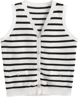 Verdusa Women's Sweater Vest Old Money Trendy Tops Striped Print Button Front Sleeveless Knit Sweaters