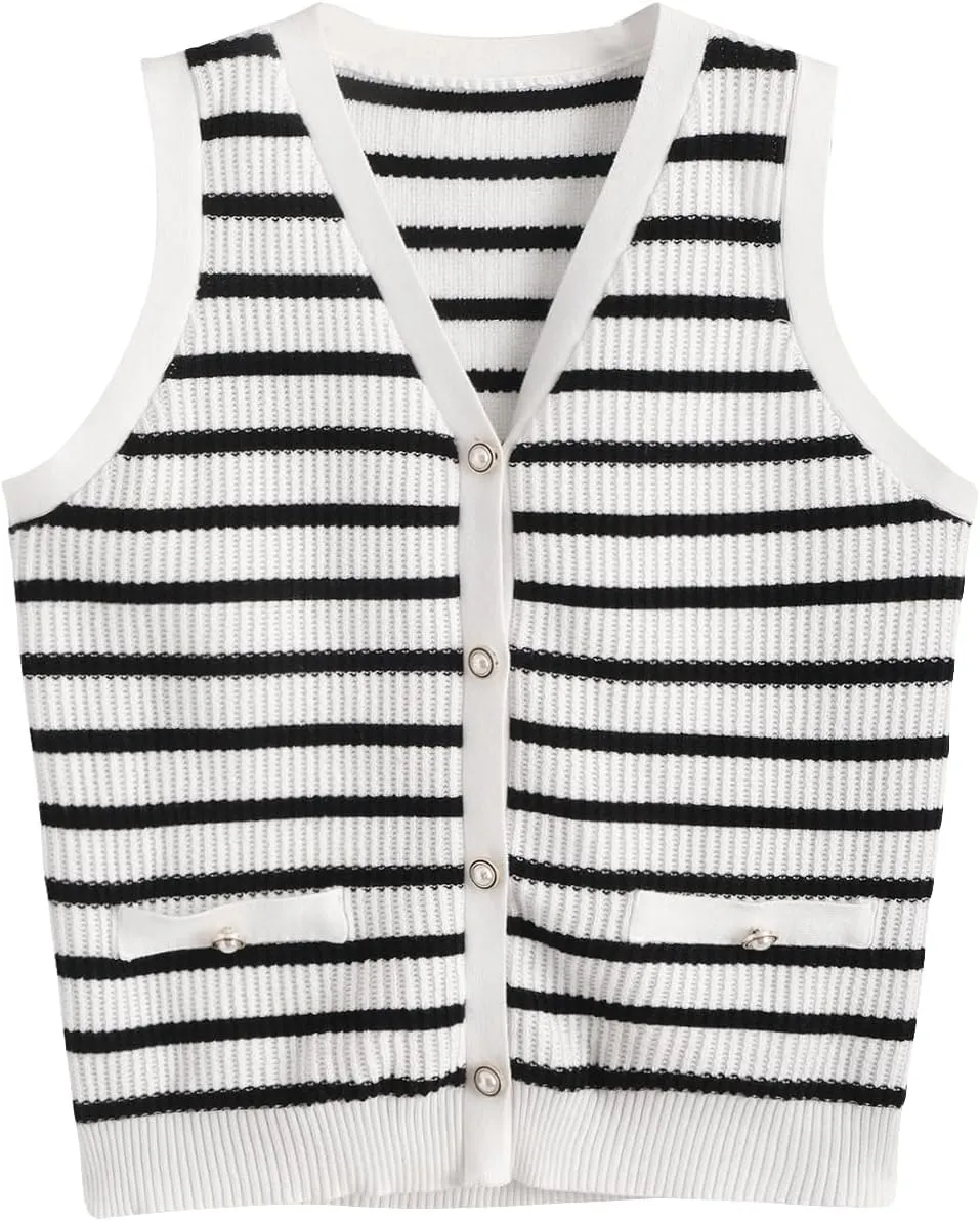 Verdusa Women's Sweater Vest Old Money Trendy Tops Striped Print Button Front Sleeveless Knit Sweaters