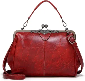 Vintage PU Leather Handbags for Women Stylish Kiss Lock Clutch Satchel Tote Purse Ladies Party Crossbody Shoulder Bagsbag1523OWOISS