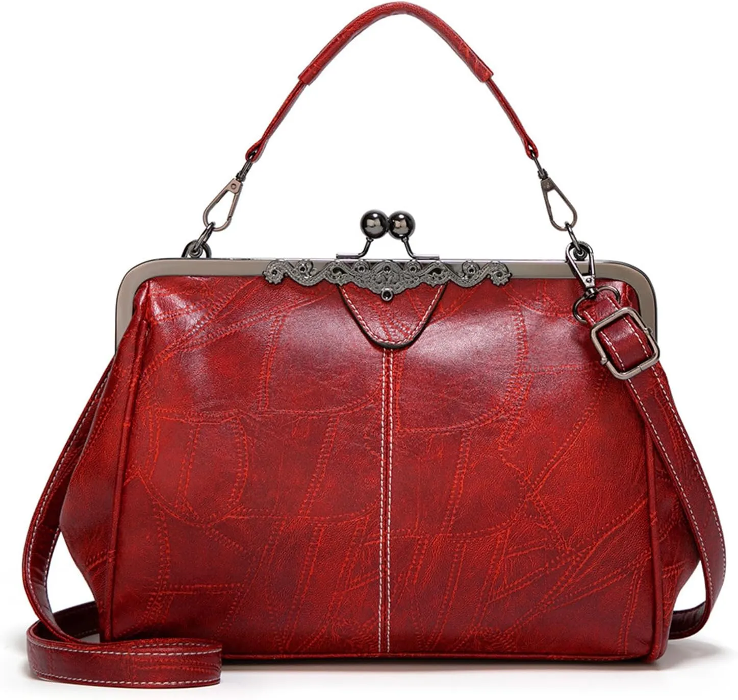 Vintage PU Leather Handbags for Women Stylish Kiss Lock Clutch Satchel Tote Purse Ladies Party Crossbody Shoulder Bagsbag1523OWOISS