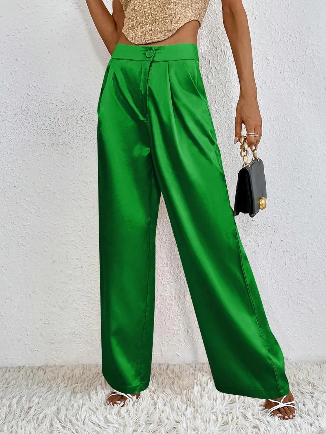 WDIRARA Women's Satin Pants Wide Leg High Waisted Loose Elegant Office Simple Pants