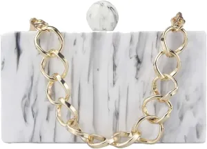 Women Acrylic Clutch Purses Unique Square Shape Marbling Evening Handbag Top Chain Handle for Party Cocktail Banquet