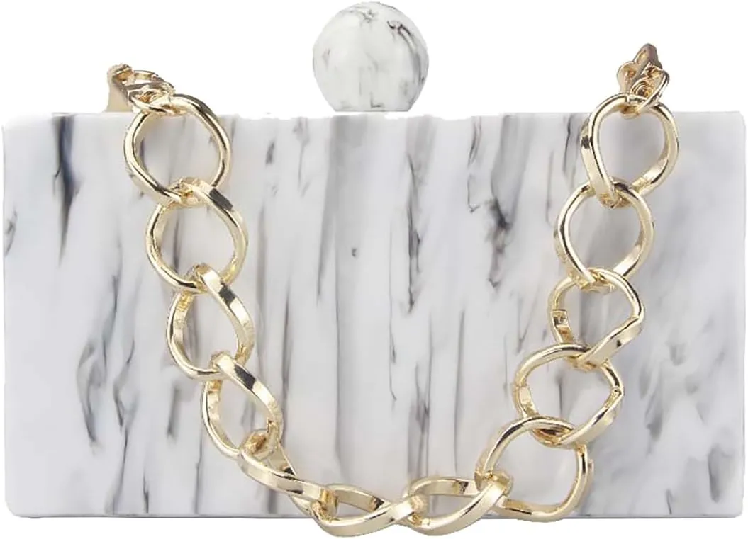 Women Acrylic Clutch Purses Unique Square Shape Marbling Evening Handbag Top Chain Handle for Party Cocktail Banquet
