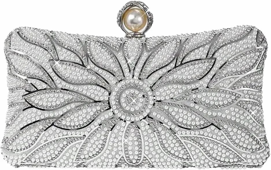 Women Fancy Beaded Rhinestone Evening Bag Unique Top Pearl Clutch Purse Floral Crystal Handbag for Wedding Party