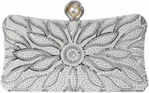Women Fancy Beaded Rhinestone Evening Bag Unique Top Pearl Clutch Purse Floral Crystal Handbag for Wedding Party