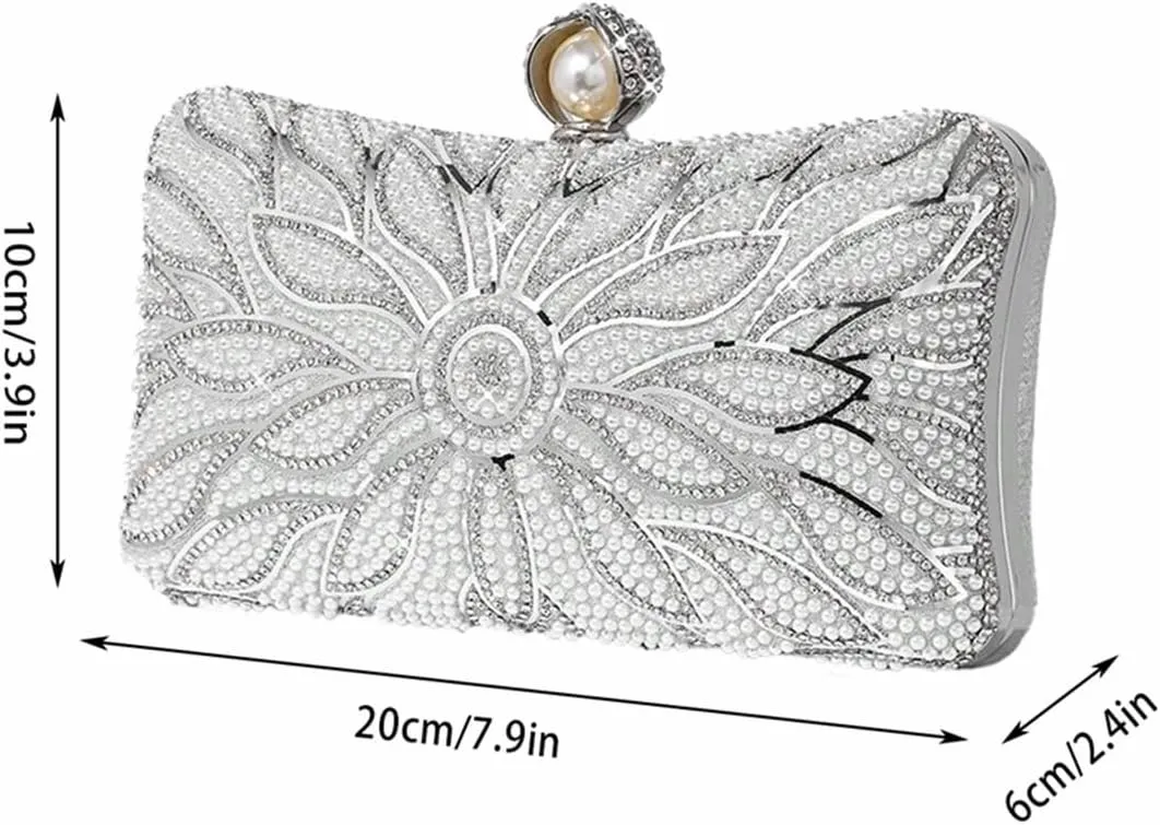 Women Fancy Beaded Rhinestone Evening Bag Unique Top Pearl Clutch Purse Floral Crystal Handbag for Wedding Party