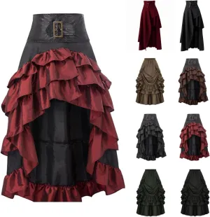Women Gothic Punk Midi Skirts High Waist A-Line Long Skirt Irregular Hem Vintage Victorian Steampunk Ruched Skirt
