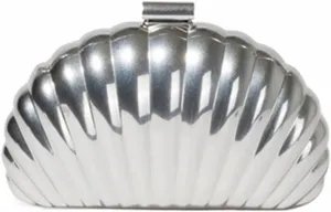 Women Metal Evening Bag Shell Shape Clutch Purse Sparkly Metallic Crossbody Bag Unique Wedding Party Handbag