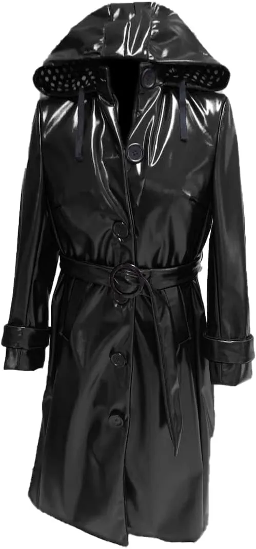 Women PVC Shiny Leather Hooded Light Weighted Raincoat Stylish Trench Long Coat
