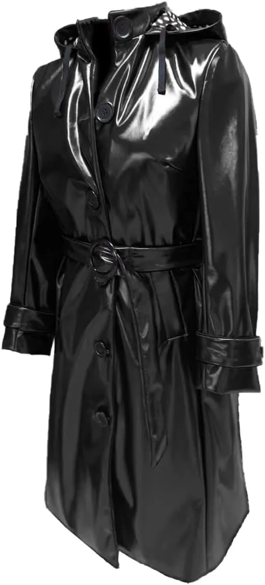 Women PVC Shiny Leather Hooded Light Weighted Raincoat Stylish Trench Long Coat