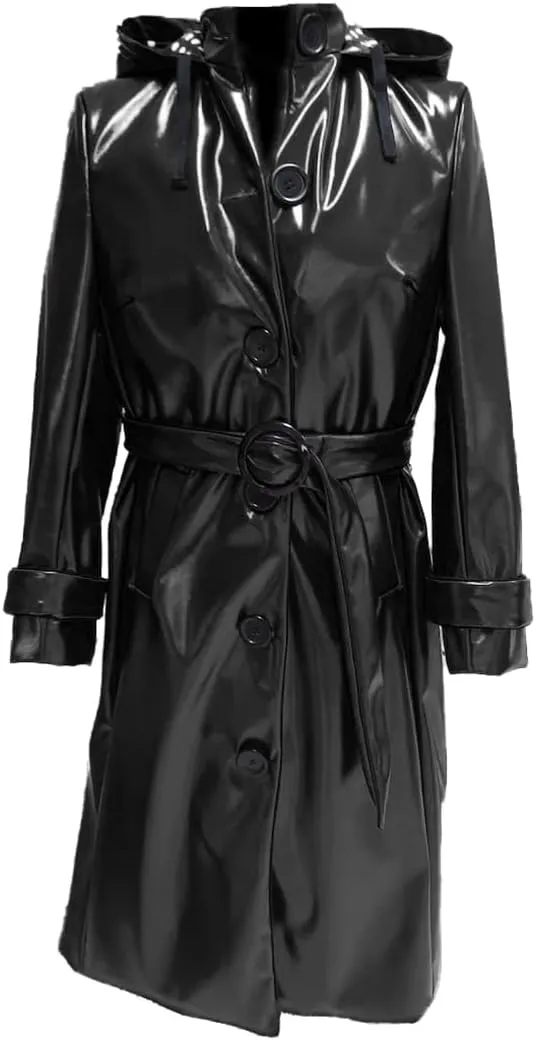 Women PVC Shiny Leather Hooded Light Weighted Raincoat Stylish Trench Long Coat