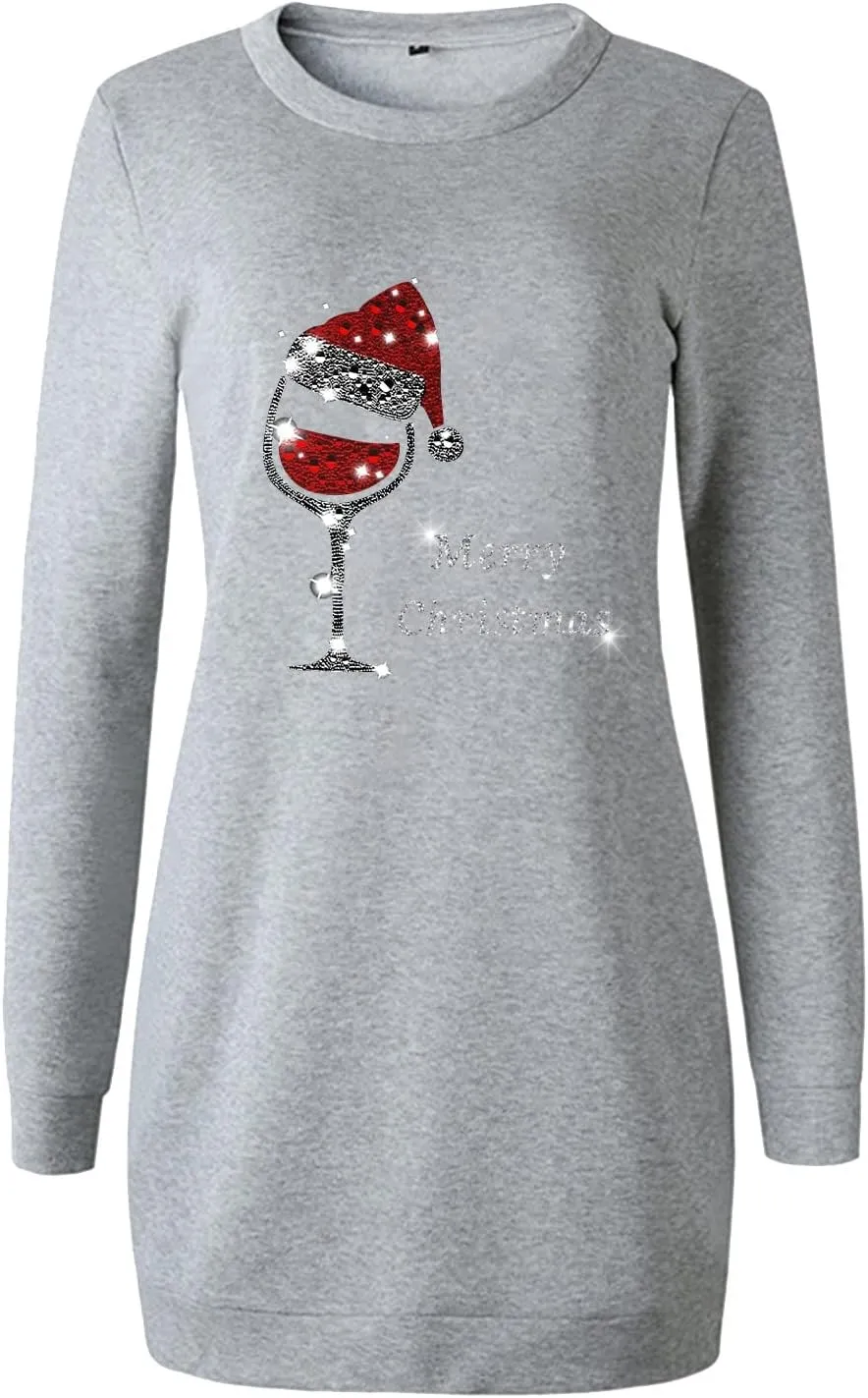 Women Sweater Shirts Merry Christmas Print Long Sleeve Crewneck Casual Solid Color Work Office Midi Pullover Dress