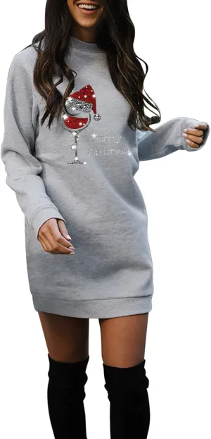 Women Sweater Shirts Merry Christmas Print Long Sleeve Crewneck Casual Solid Color Work Office Midi Pullover Dress