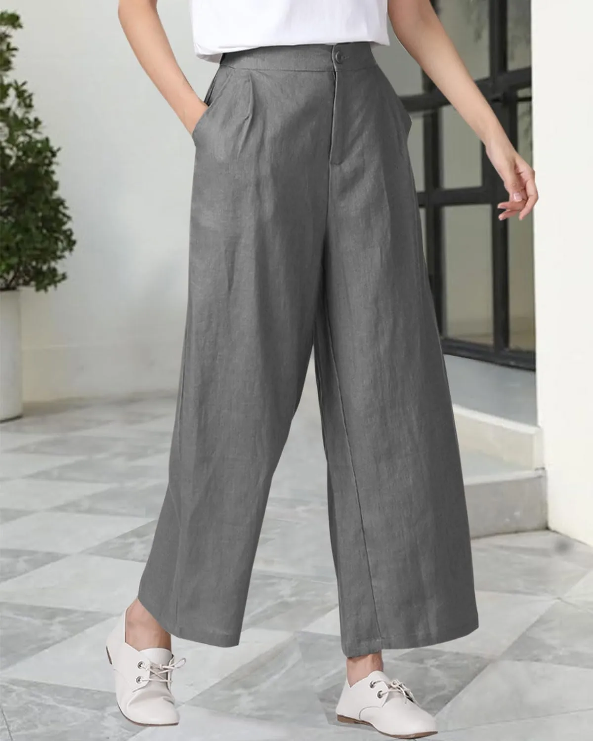 Women's 100% Linen Wide Leg Pants Summer Casual Cropped Palazzo Beach Pants Outfits 2025 Trendy