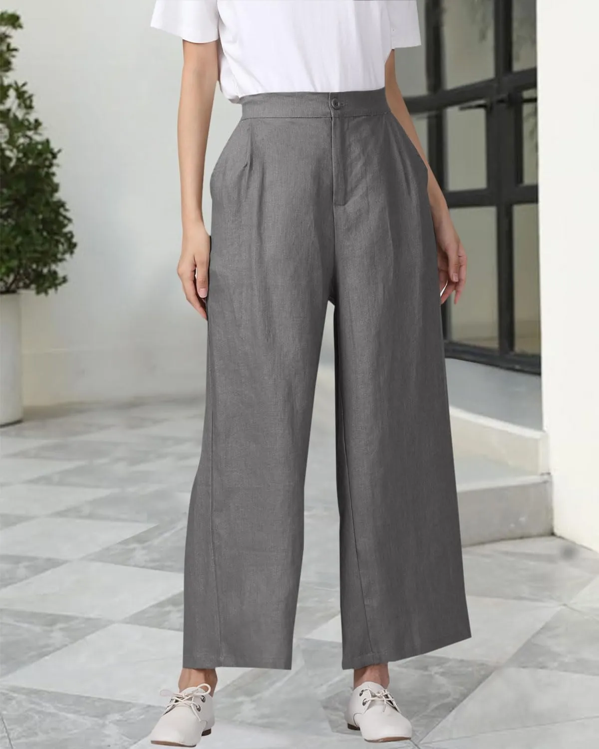 Women's 100% Linen Wide Leg Pants Summer Casual Cropped Palazzo Beach Pants Outfits 2025 Trendy