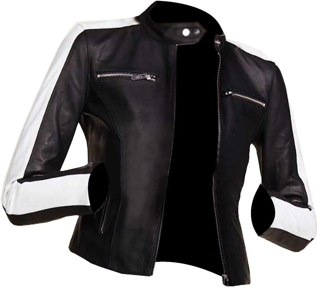 Women's Caf Racer White Sleeve Stripe Motorcycle Slim Biker Black Leather Jacket