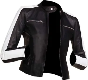 Women's Caf Racer White Sleeve Stripe Motorcycle Slim Biker Black Leather Jacket