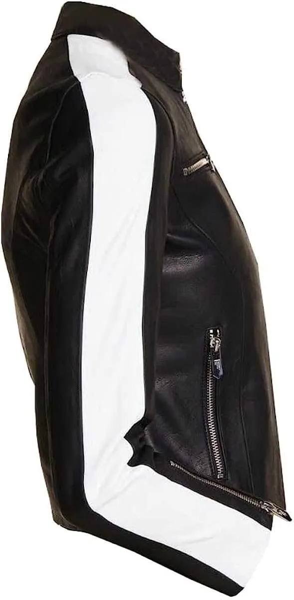 Women's Caf Racer White Sleeve Stripe Motorcycle Slim Biker Black Leather Jacket