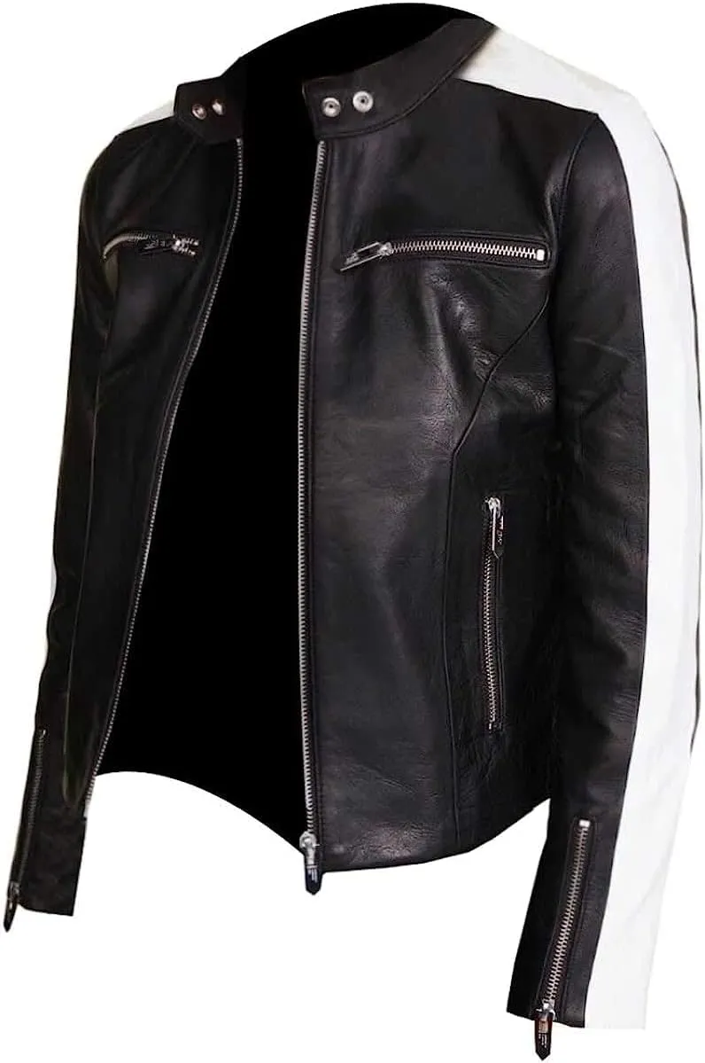 Women's Caf Racer White Sleeve Stripe Motorcycle Slim Biker Black Leather Jacket