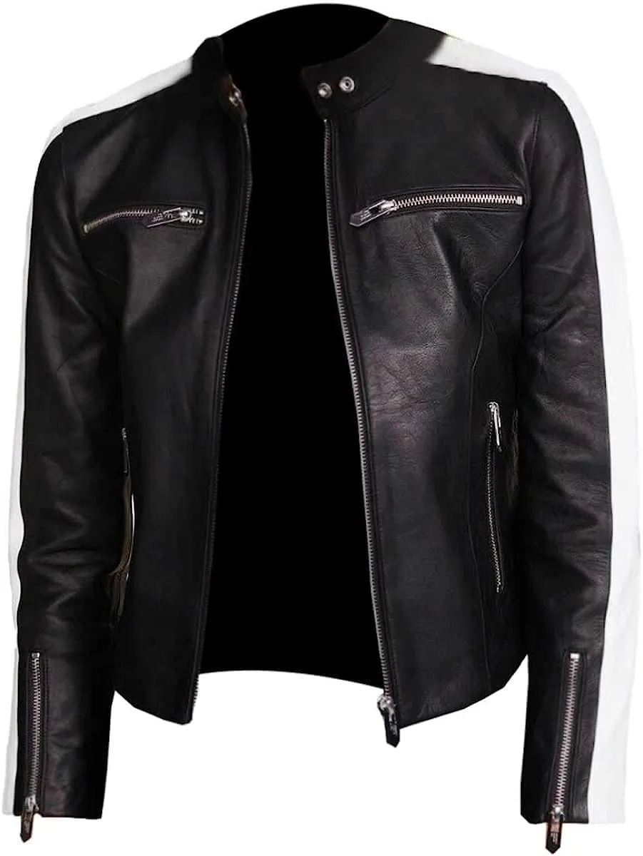 Women's Caf Racer White Sleeve Stripe Motorcycle Slim Biker Black Leather Jacket