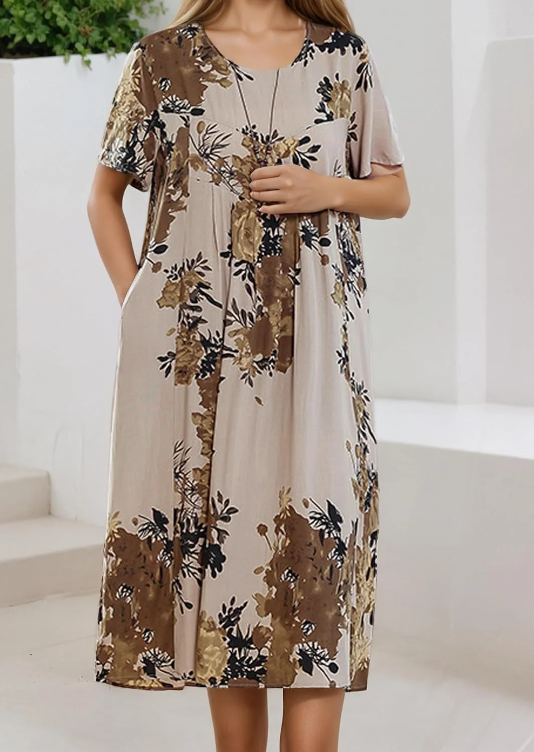 Womens Casual Cotton Dress Short Sleeve Floral Flowy A line Midi Dress Boho Beach Vacation Sundress with Pockets