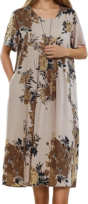 Womens Casual Cotton Dress Short Sleeve Floral Flowy A line Midi Dress Boho Beach Vacation Sundress with Pockets