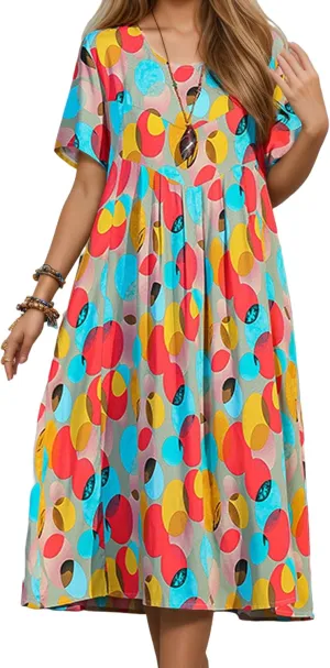 Womens Casual Cotton Dress Short Sleeve Floral Flowy A line Midi Dress Boho Beach Vacation Sundress with Pockets