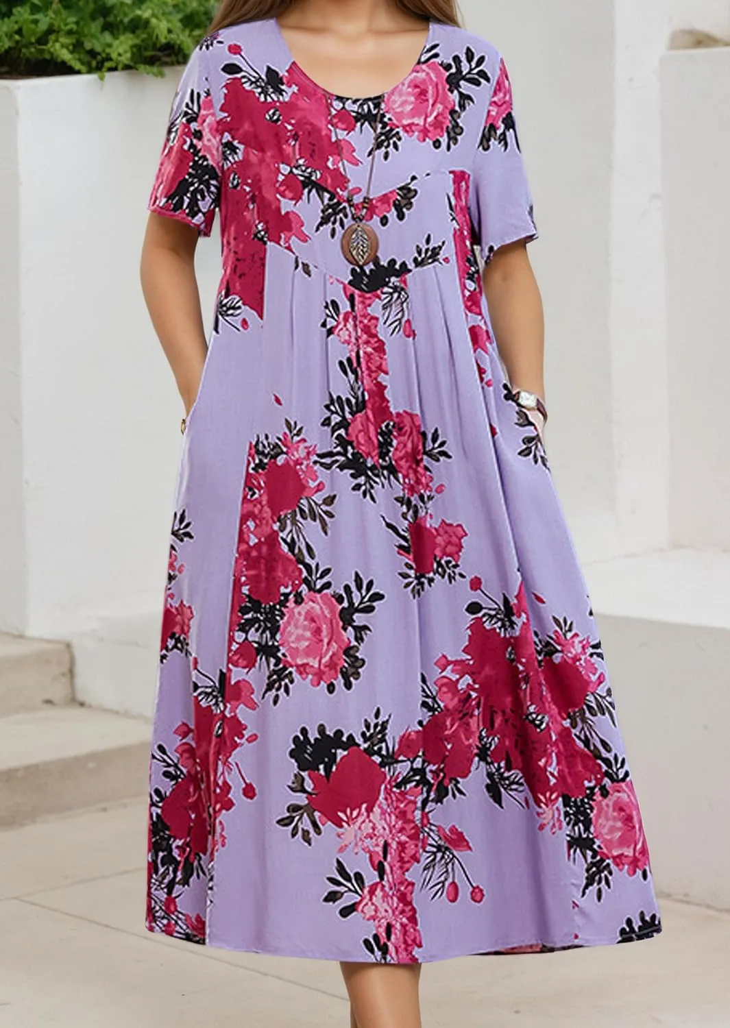 Womens Casual Cotton Dress Short Sleeve Floral Flowy A line Midi Dress Boho Beach Vacation Sundress with Pockets