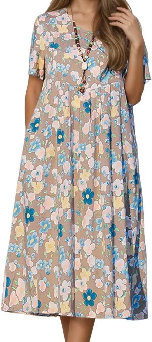 Womens Casual Cotton Dress Short Sleeve Floral Flowy A line Midi Dress Boho Beach Vacation Sundress with Pockets