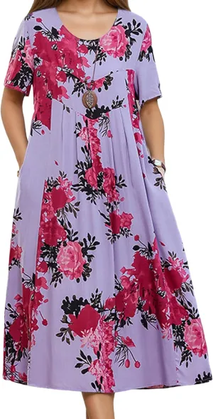 Womens Casual Cotton Dress Short Sleeve Floral Flowy A line Midi Dress Boho Beach Vacation Sundress with Pockets