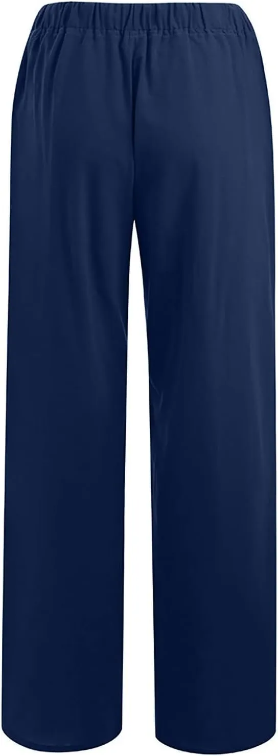 Women's Cotton Linen Pants Elastic Waist Trousers Casual Lightweight Pant Drawstring Wide Leg Pant Summer Beach Pant