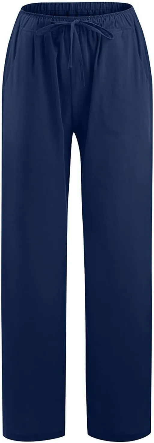 Women's Cotton Linen Pants Elastic Waist Trousers Casual Lightweight Pant Drawstring Wide Leg Pant Summer Beach Pant