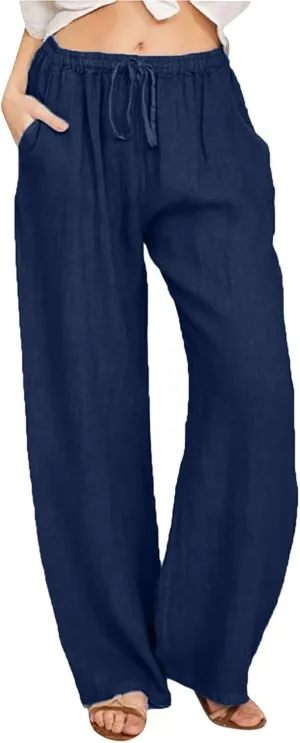Women's Cotton Linen Pants Elastic Waist Trousers Casual Lightweight Pant Drawstring Wide Leg Pant Summer Beach Pant