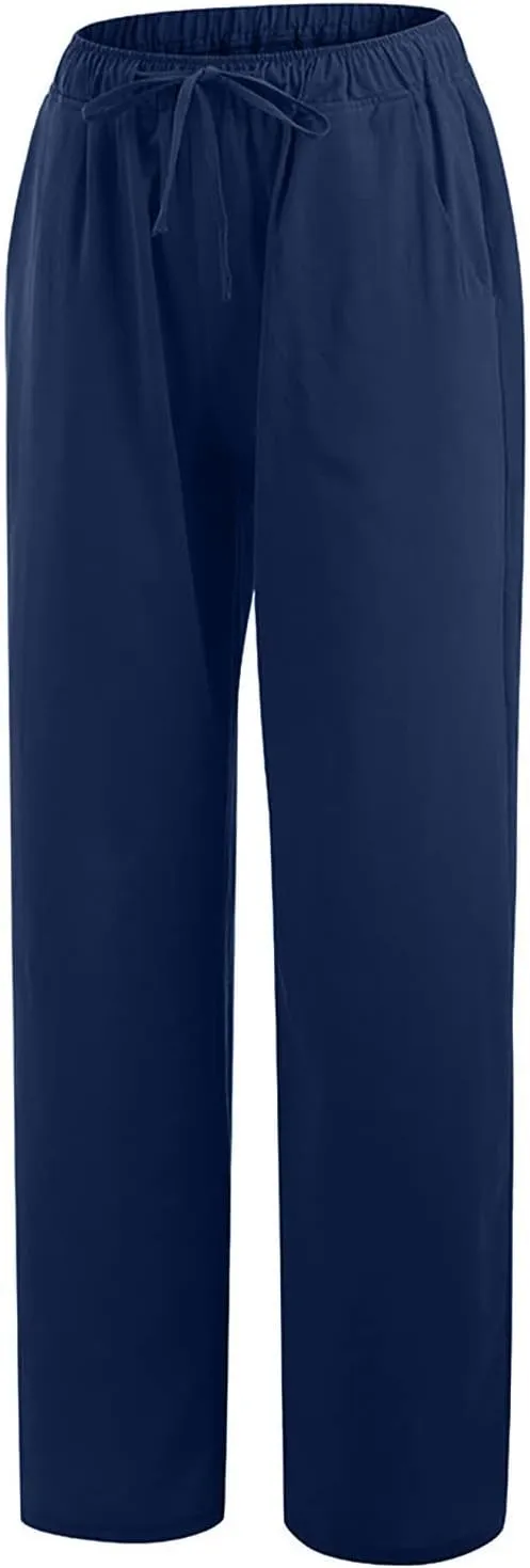 Women's Cotton Linen Pants Elastic Waist Trousers Casual Lightweight Pant Drawstring Wide Leg Pant Summer Beach Pant