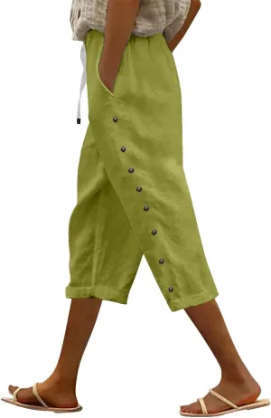 Women's Cotton Linen Pants Summer Loose Fit Drawstring Elastic Waisted Capris with Pocket Casual Beach Cropped Pants