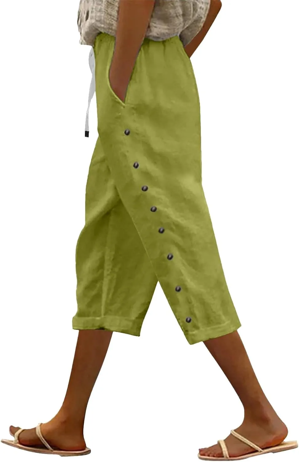Women's Cotton Linen Pants Summer Loose Fit Drawstring Elastic Waisted Capris with Pocket Casual Beach Cropped Pants