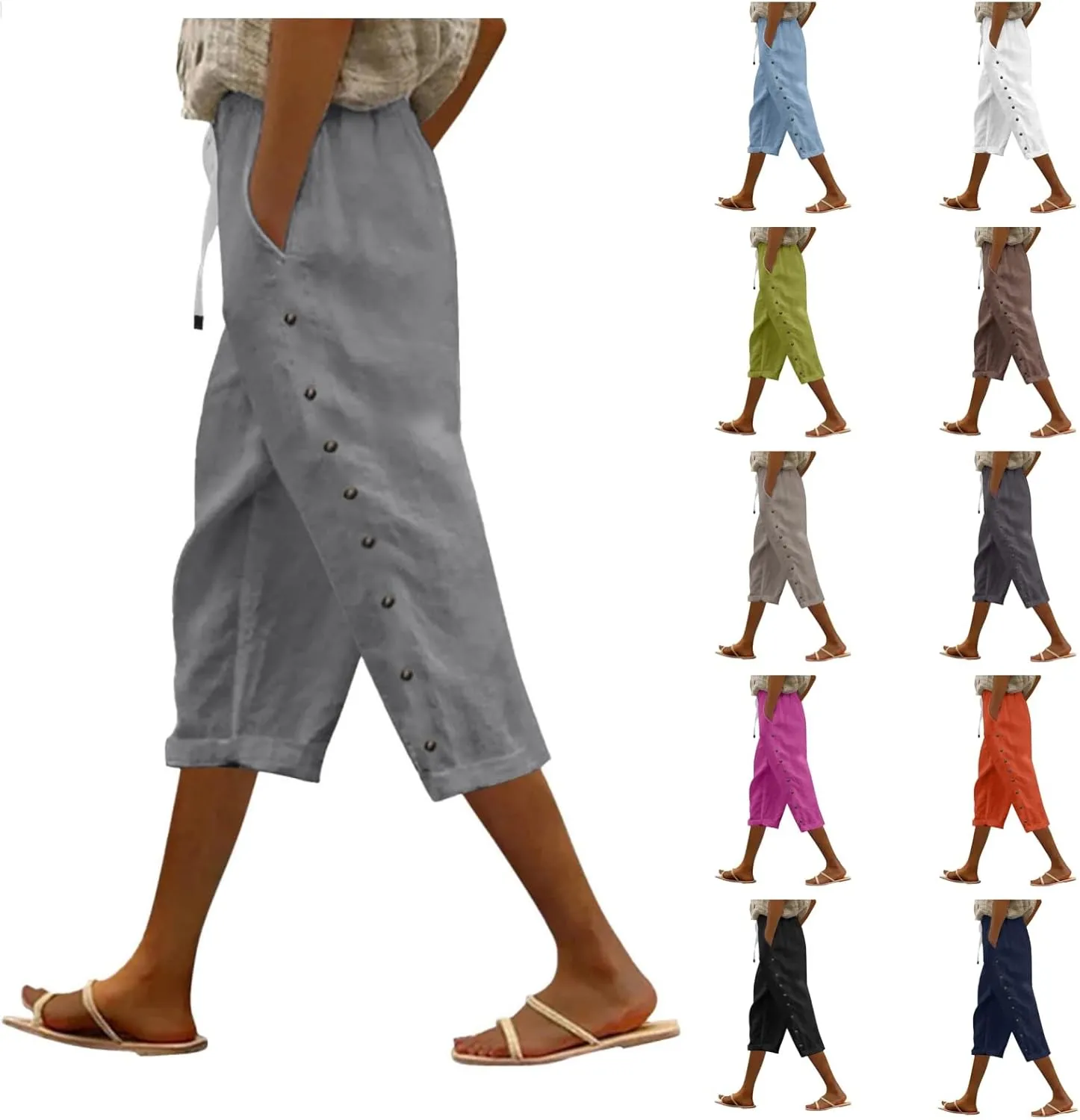 Women's Cotton Linen Pants Summer Loose Fit Drawstring Elastic Waisted Capris with Pocket Casual Beach Cropped Pants