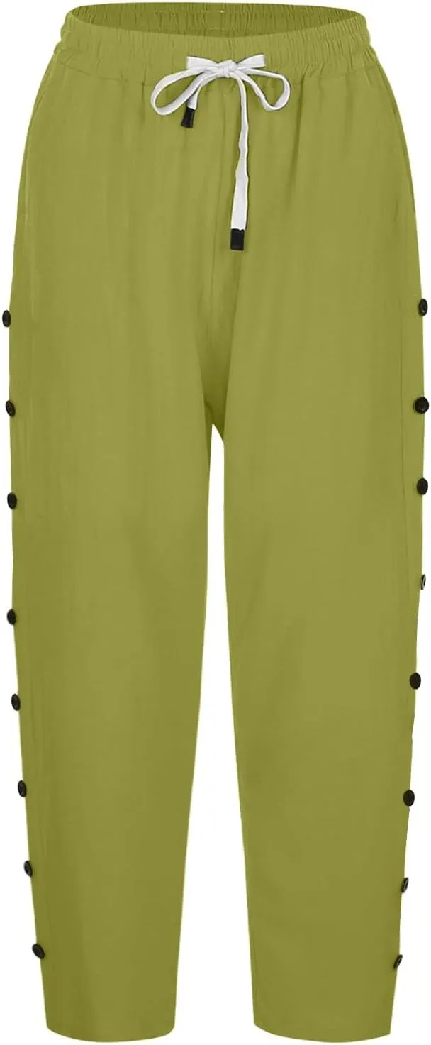 Women's Cotton Linen Pants Summer Loose Fit Drawstring Elastic Waisted Capris with Pocket Casual Beach Cropped Pants