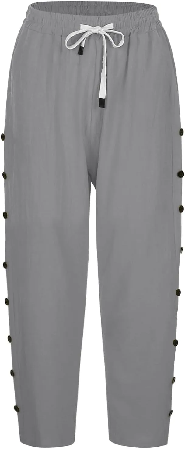 Women's Cotton Linen Pants Summer Loose Fit Drawstring Elastic Waisted Capris with Pocket Casual Beach Cropped Pants