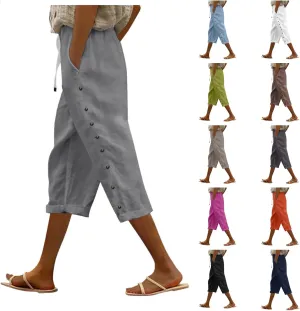 Women's Cotton Linen Pants Summer Loose Fit Drawstring Elastic Waisted Capris with Pocket Casual Beach Cropped Pants